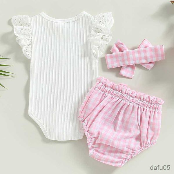 

clothing sets summer baby girl lovely clothes sets 3pcs fly sleeve solid romper plaid shorts bow headband r230815, White