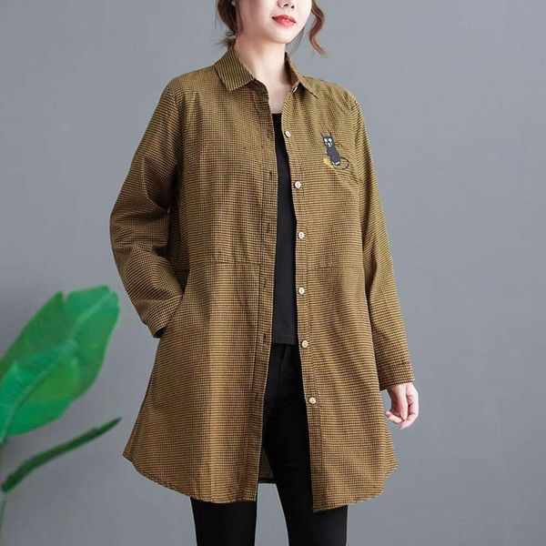 

korean spring and autumn plaid blouses skinny medium long blouse, White