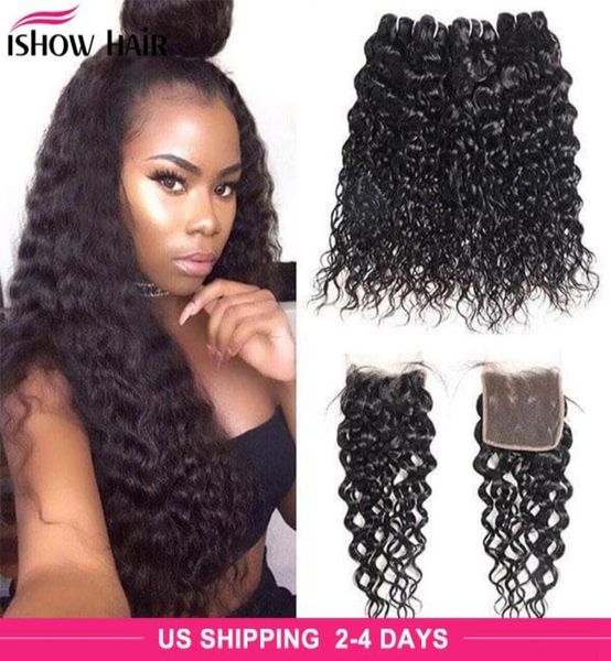 

brazilian water wave human hair bundles with closure peruvian wet and wavy hair 4 bundles malaysian body deep loose straight hair 3181072, Black