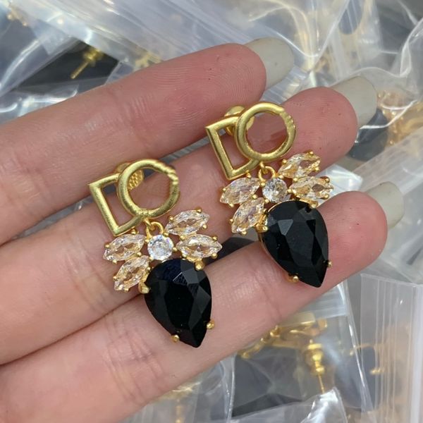 

gold letter crystal with black gem pendant earrings metal alphabet embed zirconia women's ear studs earring hoop & huggie banquet festi, Silver