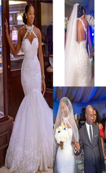 

arabic mermaid wedding dresses halter lace appliques capped african buttons back wedding dress tulle long bridal gowns8238605, White