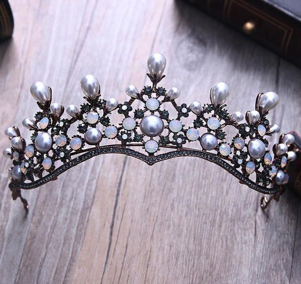 

baroque vintage crystal pearl bridal tiaras hairband headpiece black rhinestone princess pageant crown wedding hair accessories y21910627, White;golden