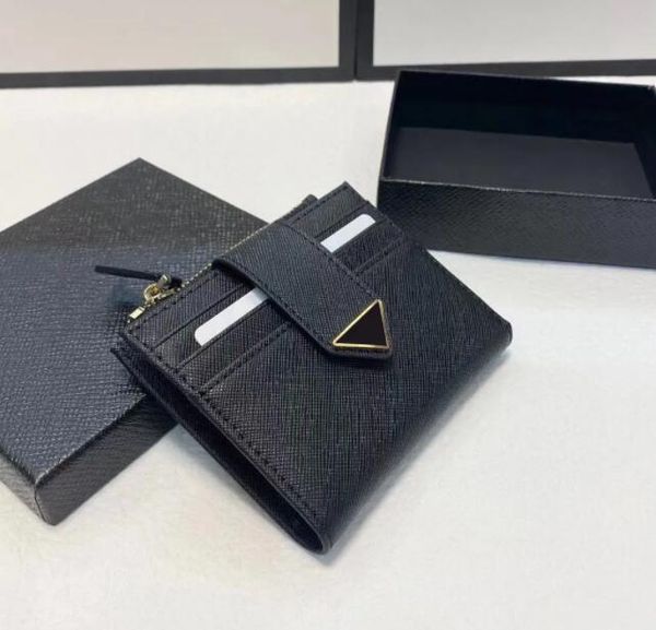 

card holder short wallet triangle saffiano leather woman mens designer wallets coin purses zipper pouch genuine leather mini clutch bags, Red;black