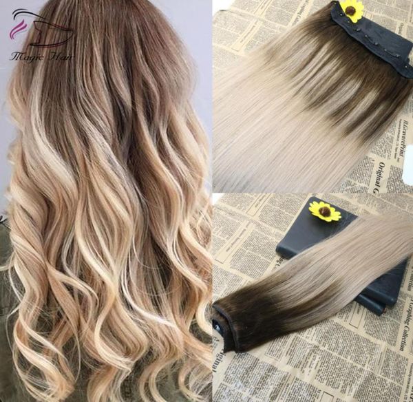 

5 clips one piece clip in human hair extensions with lace straight brazilian virgin hair ombre balayage color 4 fading to 182744201, Black;brown