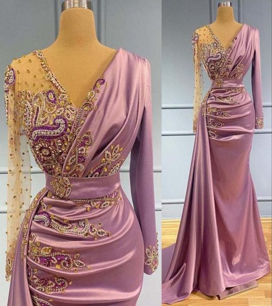 

2022 light purple mermaid evening dresses wear sheer v neck crystal beaded long sleeves formal prom party second reception special6164067, Black;red
