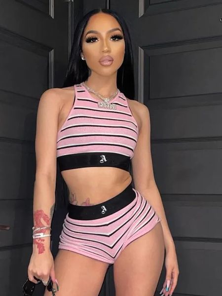 

summer stripe digital printing umbilical tank shorts set for women, Gray