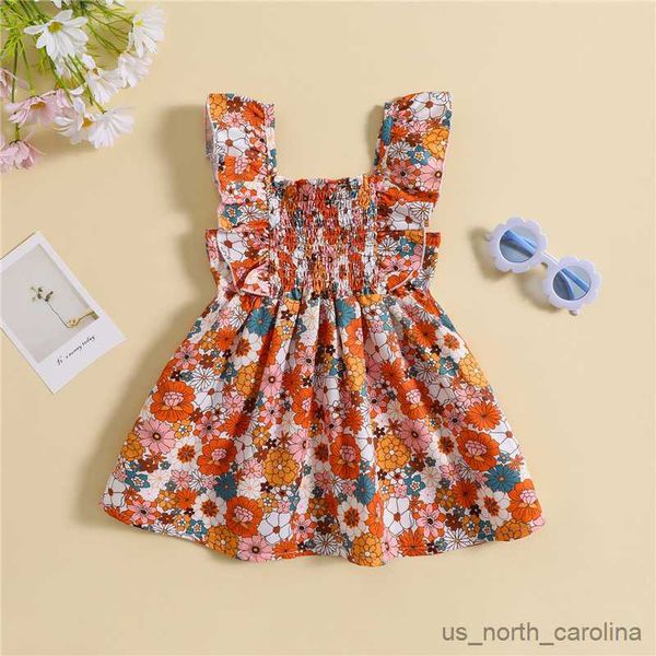 

girl's dresses children clothes 2023 summer girls baby dress fly sleeve square neck flower/leaves print summer a-line dress r230815, Red;yellow