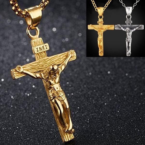 

pendant necklaces vintage religious jesus cross necklace for men fashion gold color cross pendent with chain necklace jewelry gifts for men, Silver