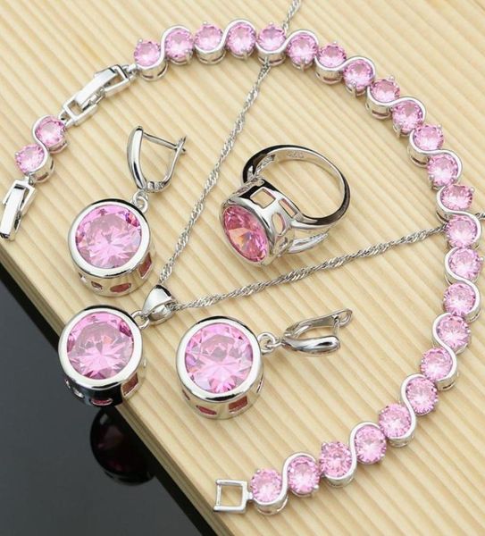 

wedding jewelry sets women elegant silver 925 big pink cz stone earrings rings fashion accessories necklace kit drop1301988, Slivery;golden
