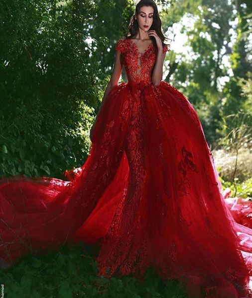 

2018 new vintage mermaid red lace wedding dresses with detachable train vneck sleeveless applique tulle overskirt dubai arabic br1362236, White