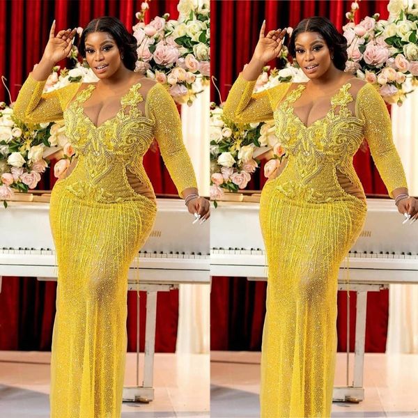 

gold sparkly sequins prom dresses plus size sheer o neck long sleeve mermaid evening gowns special occasion dress with tassel, Black