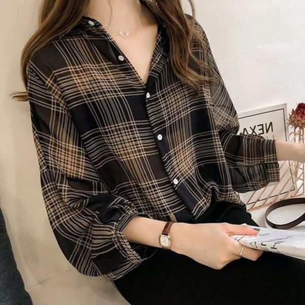 

sunscreen clothes shirt for women korean style loose plaid chiffon thin spring and, White
