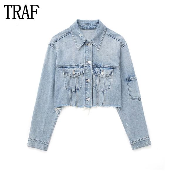

womens jackets traf cropped denim jacket women blue jean jackets for women long sleeve bomber jacket woman streetwear ripped jackets coats 2, Black;brown