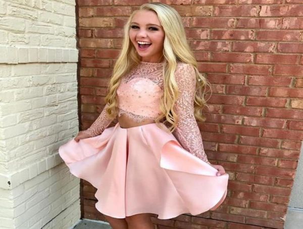 

pink lace satin two piece homecoming dresses bateau neck long sleeves v back backless short prom dresses party dresses2647474, Blue;pink