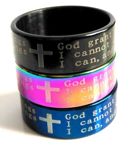 

bulk lots 100pcs english serenity prayer bible cross stainless steel rings 8mm black blue rainbow whole mens fashion jewelry x3771619, Silver