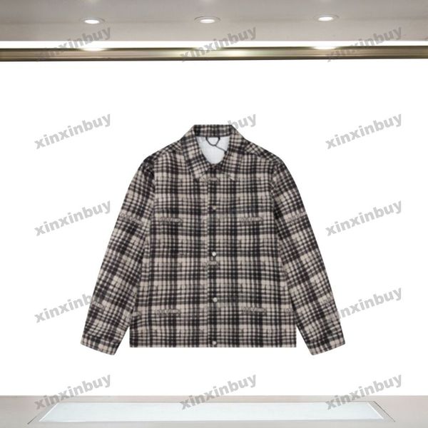 

xinxinbuy men designer coat jacket plaid denim graffiti long sleeve women gray black white khaki m-2xl, Black;brown
