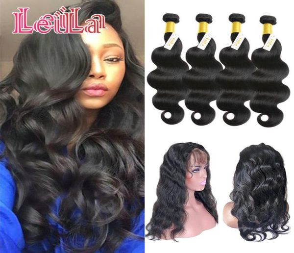 

pre plucked indian 4 bundles with 360 lace frontal body wave human hair bundles with 360 frontal closure hair extensions3374511, Black;brown