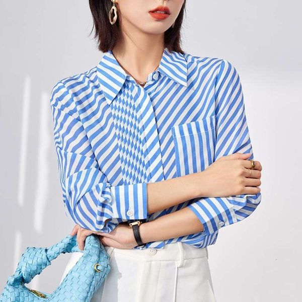 

blue striped womens spring style long sleeved shirt, White
