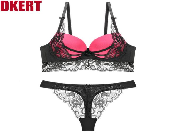 

dkert lace abc thongs women bra set black red hollow out underwear panty set lady intimates bralette push up bra brief set c12310043, Red;black