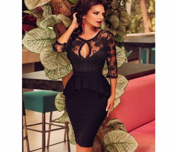 

see through neck cocktail dresses with 34 long sleeves club wear short little black dresses backless party prom gowns8637954