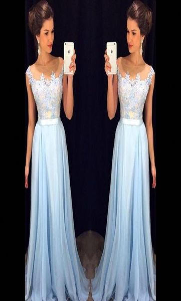 

2018 elegant light sky blue prom dresses sheer neck cap sleeves appliqued chiffon floor length formal dresses modest evening gowns2741890, Black