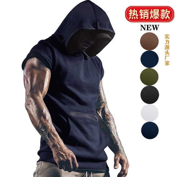 

summer men's sleeveless hooded sports fitness outdoor vest american zipper men's sweater, White;black