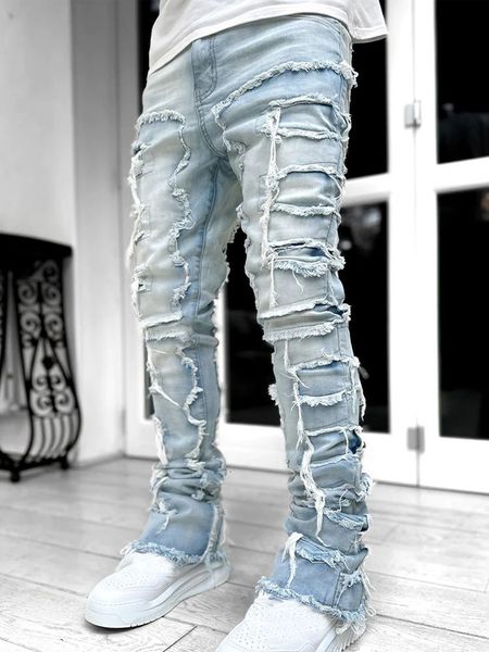 

men s jeans streetwise stretch patch for men bottom baggy clothing summer solid fashion mid waist patchwork long pants male 230814, Blue