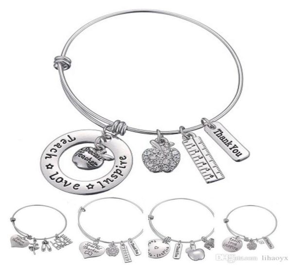 

love inspire teach white crystal apple ruler bracelet stainless steel pendant bangle jewelry gift teacher friend dlh2047423501, Golden;silver