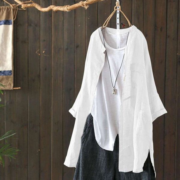 

cotton and linen blouse womens casual retro shirt long sleeved, White
