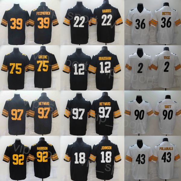 

mans football 12 terry bradshaw jersey 32 franco harris 36 jerome bettis 43 troy polamalu 75 joe greene 92 james harrison 18 diontae johnson, Black;red