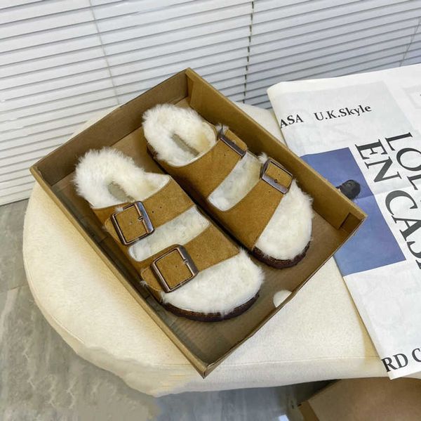 

birkens arizona sandal shearling suede leather slipper clogs women's plush fur wool lined slides slip on flat flip flops furry fluff mu, Black