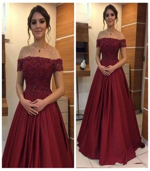 

elegant burgundy off shoulder evening formal dresses long lace appliques beaded sequins satin a line prom pageant formal gown6470048, Black;red