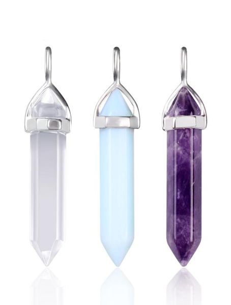 

mix natural stone pendant necklaces hexagonal prism crystal quartz bullet point charm chains for women mens fashion jewelry in bul7693622, Silver