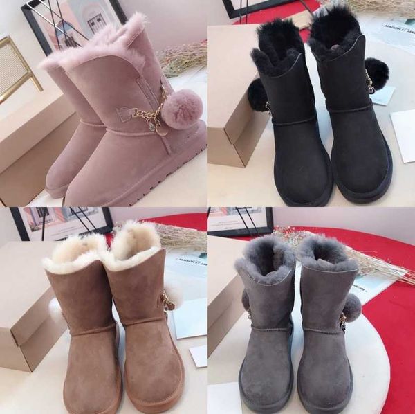 

with box australia suede shearling boots australian branded wgg shoes fur ball chain ankle boot women men mid calf booties plush fluffy furr, Black