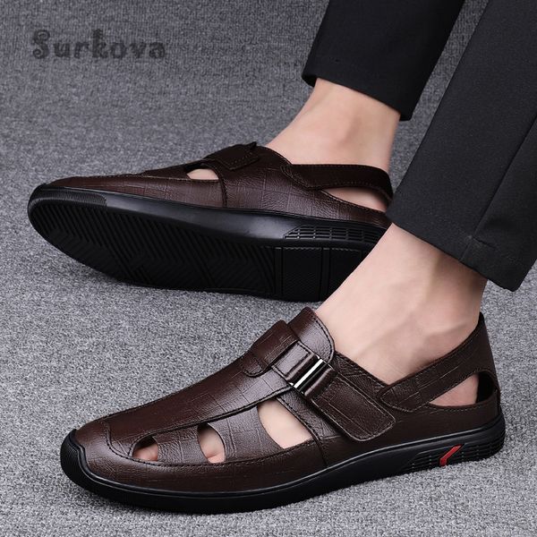 

dress shoes brown summer men's concise hollow layer cow leather casual sandals black metal buckle flat business round toe 230814