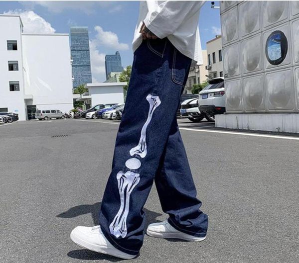 

men039s jeans y2k blue skeleton 2021 autumn zipper washed casual straightleg pants vintage skeletons wide leg denim trousers5597239