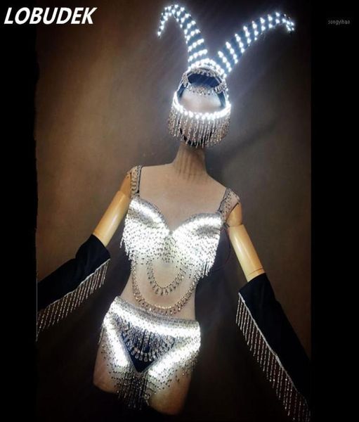 

stage wear led rhines bikini dj jazz dance costume luminous crystals bra shorts tassels gloves set outfit nightclub clothes19176737, Black;red