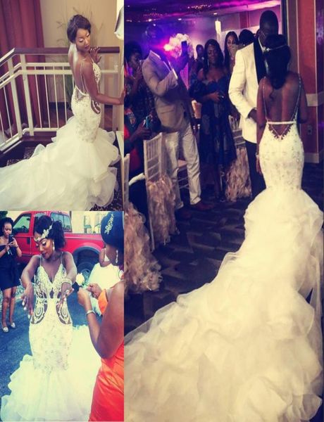 

luxury crystal wedding dress rhinestone beads lace appliques tiered mermaid bridal dresses glamorous south africa backless we5796205, White