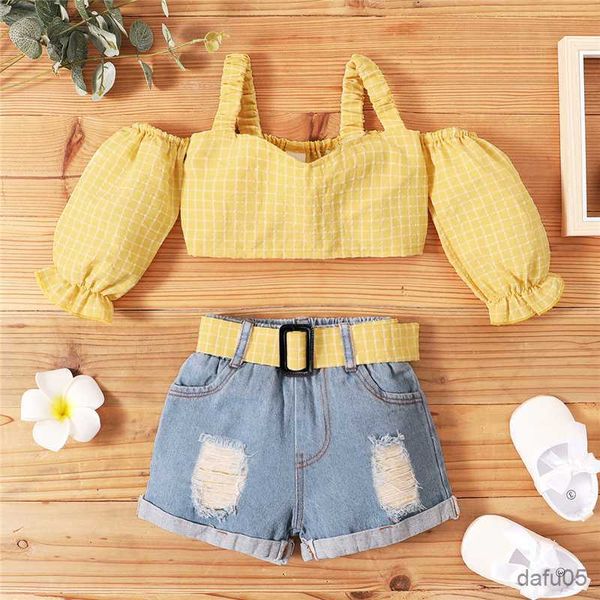 

clothing sets 1-5 years fashion kid girls clothes sets summer shoulder plaid strap crop with belt denim ripped hole shorts outfits r230815, White