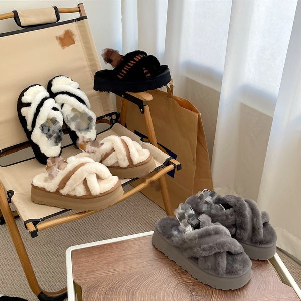 

designer sandals australia shearling wool womens fur slippers furry chestnut cross disco slide stripe fuzzy platform fluffy blur slider indo, Black