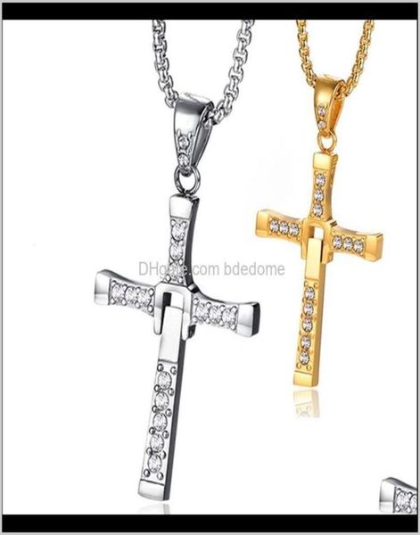 

pendant necklaces pendants jewelry whole zircon inlay stainless steel fast and furious men fashion cros8569124, Silver