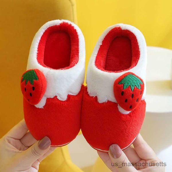 

slipper strawberry children slippers autumn winter fruit warm thick fluffy slippers home indoor non-slip kids furry shoes baby slides r23081, Black;grey