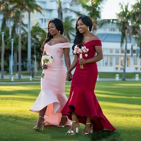 

high low bridesmaid dresses off shoulder sleeveless mermaid formal party gowns back zipper custom made african bridesmaid gow6276042, White;pink