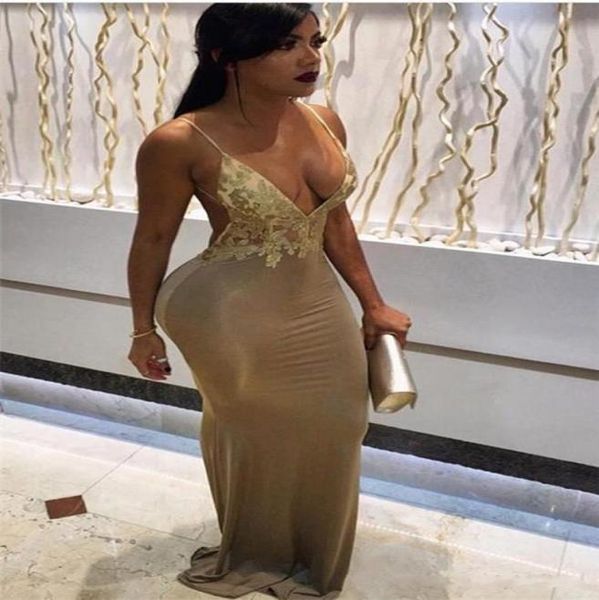

2017 spaghetti sheath african prom dresses for black girls deep v neck lace appliques backless floor length party dress for w2246238