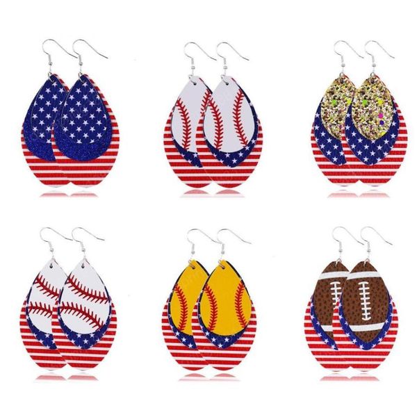 

new fashion independence day women dangle earrings jewelry gifts baseball football softball sport pu leather american flag earring3814058, Silver