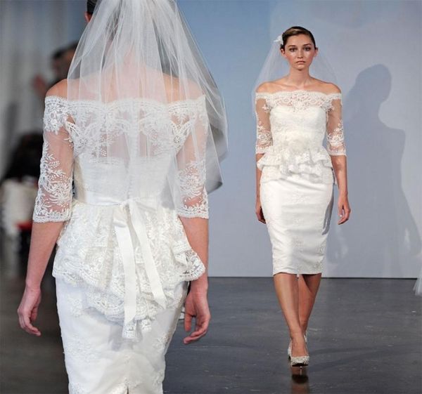 

new short sheath fitted knee length wedding dresses with half sleeves off the shoulder vintage lace informal reception bridal gown3091412, White