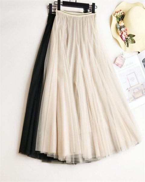 

gigogou summer mesh women pleated skirt solid high waist a line tulle skirts chic long maxi tutu skirt holiday beach tulle skirt t9472869, Black