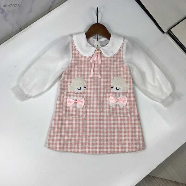 

new designer baby clothes checker stitching design kids lapel skirt size 90-130 cm ribbon bow tie girl dress summer child skirt july31, Red;yellow