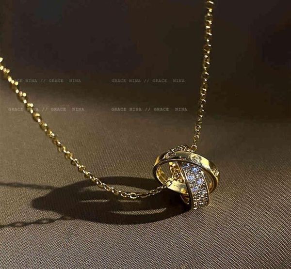 

high sense diamond inlaid double ring necklace light luxury niche dign sense clavicle chain female summer ins cool style neck chai3594146, Silver