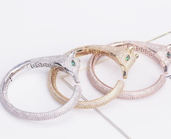 

newcome fashion brand jewelry lady brass full diamond green eyes fox 18k gold wedding engagement open bangle bracelets 3 color62223575600, Black